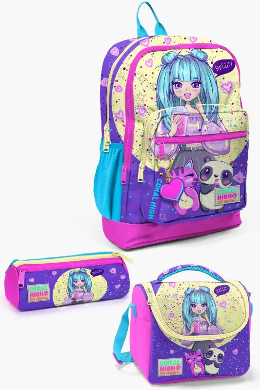 Kids Mor Pembe Anime Kız Desenli 3’lü Okul Çanta Seti SET0123735-Mor Sarı - 1