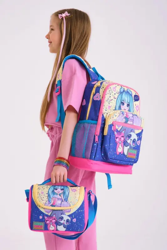 Kids Mor Pembe Anime Kız Desenli 3’lü Okul Çanta Seti SET0123735-Mor Sarı - 2