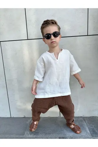 Çocuk müslin şalvar bohem yazlık takım salaş - Beyaz-Kahve - BARIN KIDS (1)