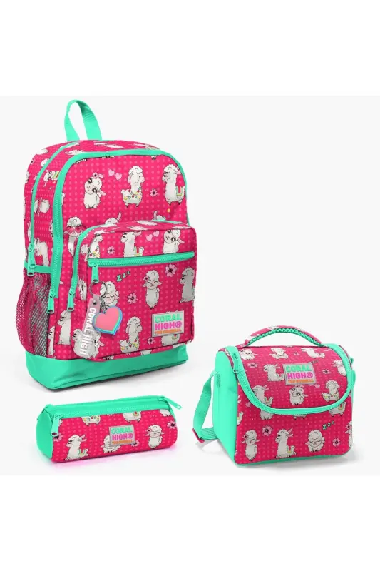Kids Neon Mercan Su Yeşili Alpaka Desenli 3’lü Okul Çanta Seti SET0123466 - Neon Mercan - 1