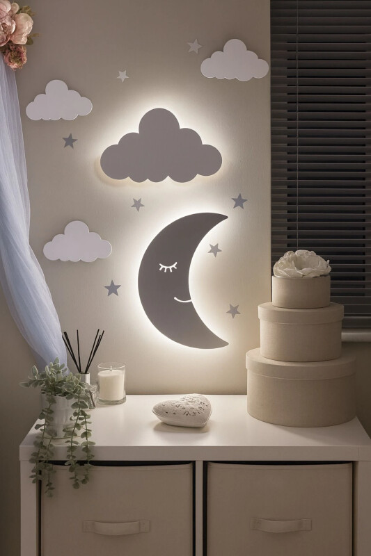 Çocuk Odası Dekoratif Ahşap Aydede Ve Bulut Gece Lambası Ledli Aydınlatma Duvar Dekorasyonu-Beyaz - ARSERGROUP