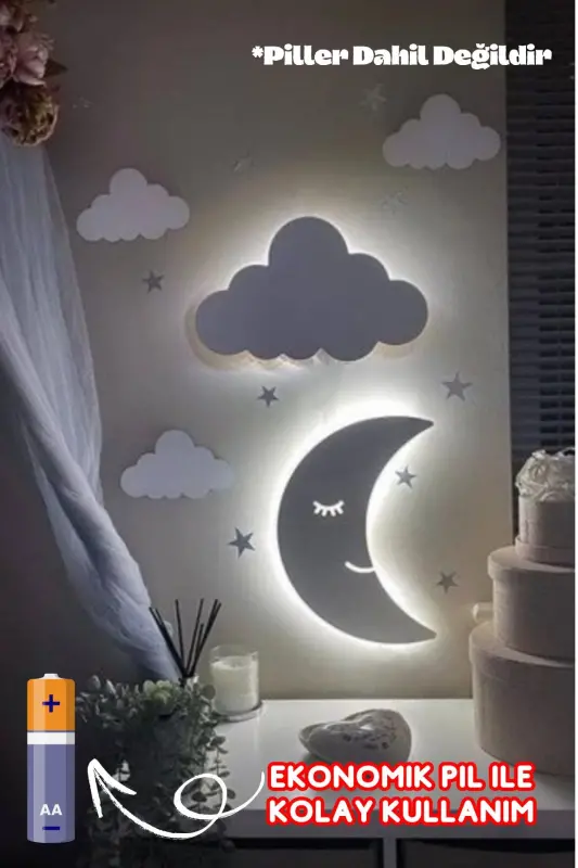 Çocuk Odası Dekoratif Ahşap Aydede Ve Bulut Gece Lambası Ledli Aydınlatma Duvar Dekorasyonu-Beyaz - 2