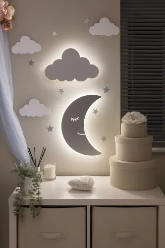 Çocuk Odası Dekoratif Ahşap Aydede Ve Bulut Gece Lambası Ledli Aydınlatma Duvar Dekorasyonu-Beyaz - 3