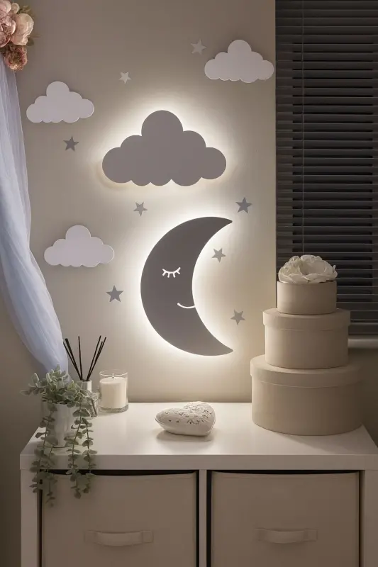 Çocuk Odası Dekoratif Ahşap Aydede Ve Bulut Gece Lambası Ledli Aydınlatma Duvar Dekorasyonu-Beyaz - 3