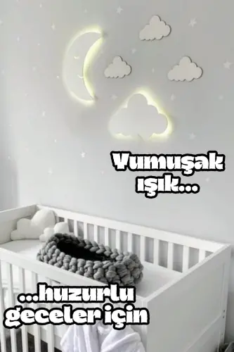 Çocuk Odası Dekoratif Ahşap Aydede Ve Bulut Gece Lambası Ledli Aydınlatma Duvar Dekorasyonu-Beyaz - 4