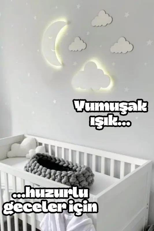 Çocuk Odası Dekoratif Ahşap Aydede Ve Bulut Gece Lambası Ledli Aydınlatma Duvar Dekorasyonu-Beyaz - 4