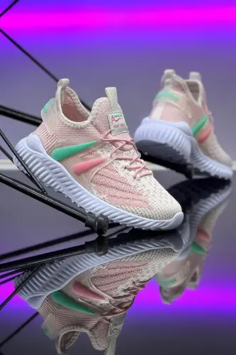 Çocuk Pembe Suyeşili Günlük Lastikli Nefes Alan Triko Esnek Hafif Sneaker Rahat Şık Spor Ayakkabı-Pembe 