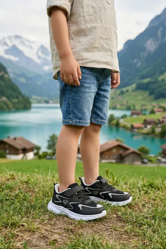Çocuk Siyah Bağcıklı Tek Cırt Cırtlı Esnek Hafif Nefes Alabilen Unisex File Sneaker Spor Ayakkabı - Siyah - Beyaz - 1