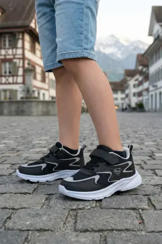 Çocuk Siyah Bağcıklı Tek Cırt Cırtlı Esnek Hafif Nefes Alabilen Unisex File Sneaker Spor Ayakkabı - Siyah - Beyaz - BOUIS (1)