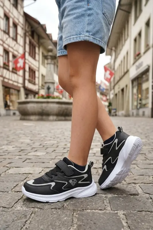 Çocuk Siyah Bağcıklı Tek Cırt Cırtlı Esnek Hafif Nefes Alabilen Unisex File Sneaker Spor Ayakkabı - Siyah - Beyaz - 3