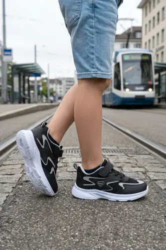 Çocuk Siyah Bağcıklı Tek Cırt Cırtlı Esnek Hafif Nefes Alabilen Unisex File Sneaker Spor Ayakkabı - Siyah - Beyaz - 4