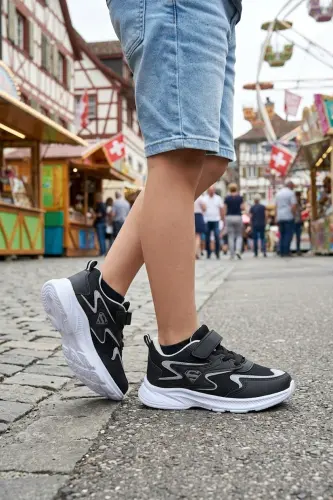 Çocuk Siyah Bağcıklı Tek Cırt Cırtlı Esnek Hafif Nefes Alabilen Unisex File Sneaker Spor Ayakkabı - Siyah - Beyaz - 5