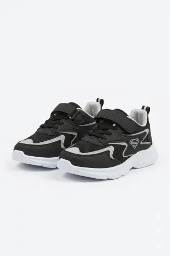 Çocuk Siyah Bağcıklı Tek Cırt Cırtlı Esnek Hafif Nefes Alabilen Unisex File Sneaker Spor Ayakkabı - Siyah - Beyaz - 6