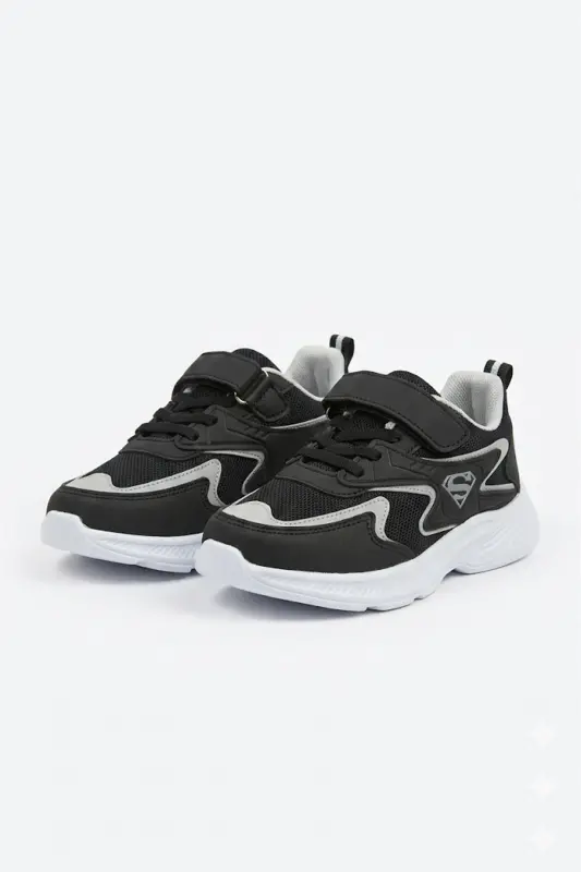 Çocuk Siyah Bağcıklı Tek Cırt Cırtlı Esnek Hafif Nefes Alabilen Unisex File Sneaker Spor Ayakkabı - Siyah - Beyaz - 6