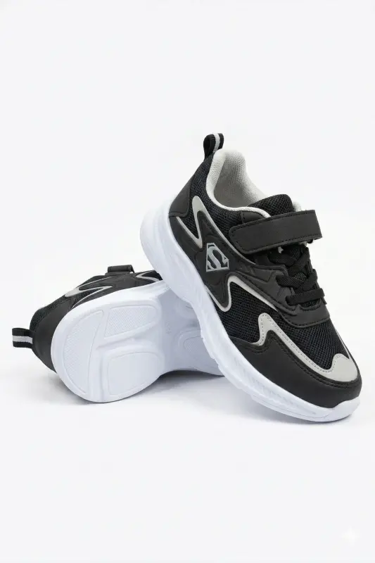 Çocuk Siyah Bağcıklı Tek Cırt Cırtlı Esnek Hafif Nefes Alabilen Unisex File Sneaker Spor Ayakkabı - Siyah - Beyaz - 7