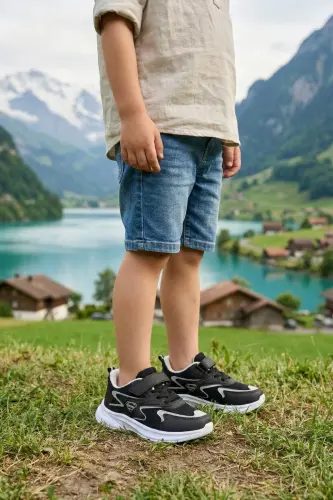 Çocuk Siyah Bağcıklı Tek Cırt Cırtlı Esnek Hafif Nefes Alabilen Unisex File Sneaker Spor Ayakkabı - Siyah - Beyaz 