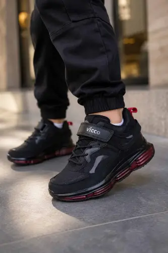 Çocuk Siyah Bot Sneaker Cırt Cırtlı Bağcıklı Kalın Taban Spor Ayakkabı - Siyah/CURE - 1