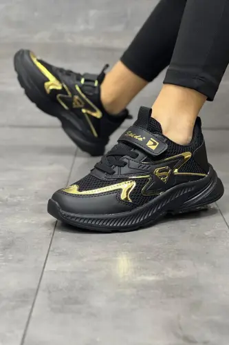Çocuk Siyah Gold Bağcıklı Tek Cırt Cırtlı Hafif Nefes Alabilen Unisex File Sneaker Spor Ayakkabı - Siyah - Gold - 2