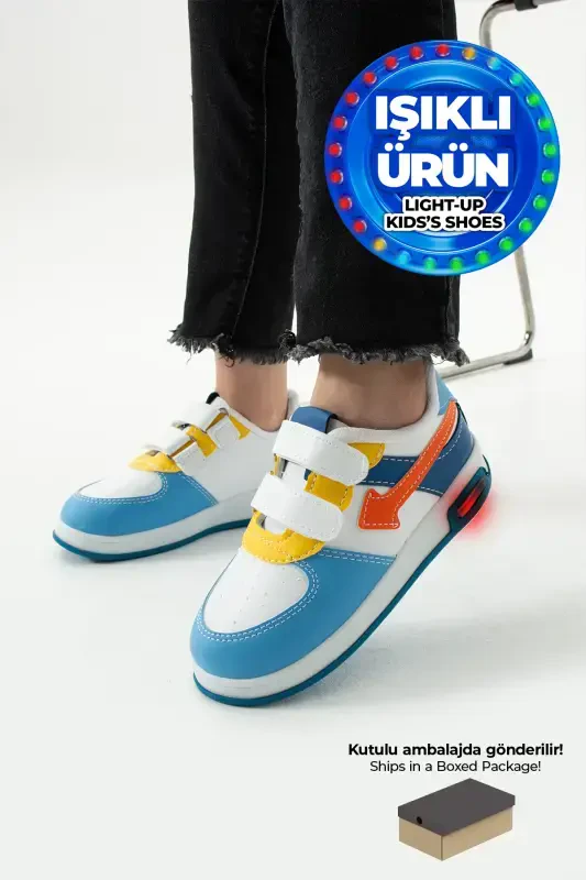 Çocuk Spor Ayakkabı Sneaker Ortopedik Nefes Alır Mavi Turuncu Çocuk ve Bebek Işıklı Spor Ayakkabı-Mavi Turuncu - 2
