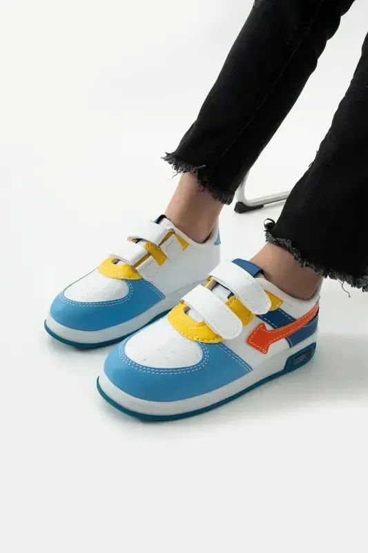 Çocuk Spor Ayakkabı Sneaker Ortopedik Nefes Alır Mavi Turuncu Çocuk ve Bebek Işıklı Spor Ayakkabı-Mavi Turuncu - 3