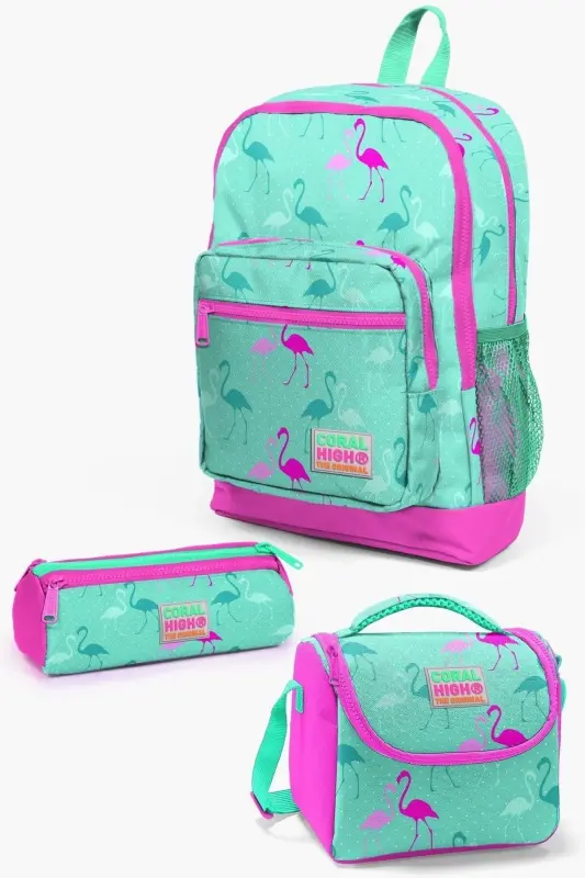 Kids Su Yeşili Neon Pembe Flamingo Desenli 3’lü Okul Çanta Seti SET0123111-Su Yeşili Neon Pembe - 1
