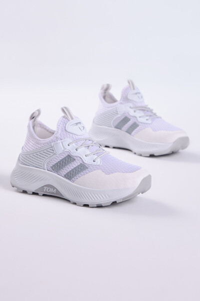 Çocuk Unisex Beyaz Gümüş Rahat Kalıp Nefes Alabilen Kumaş Bağcıklı Sneaker - 1