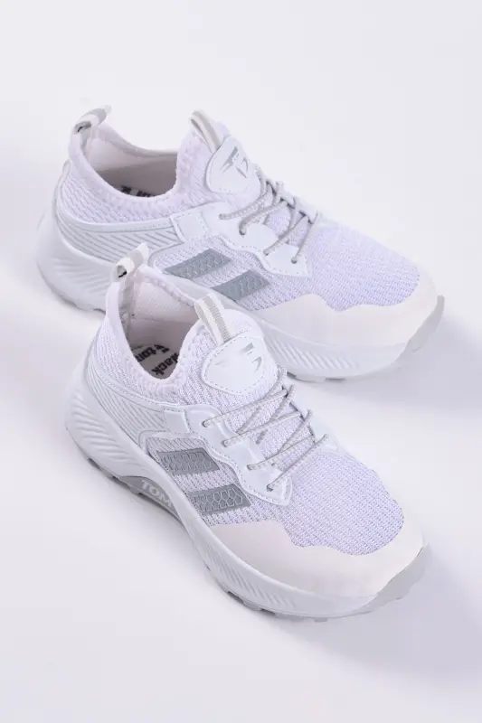 Çocuk Unisex Beyaz Gümüş Rahat Kalıp Nefes Alabilen Kumaş Bağcıklı Sneaker - Beyaz Gümüş - 2