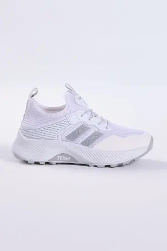 Çocuk Unisex Beyaz Gümüş Rahat Kalıp Nefes Alabilen Kumaş Bağcıklı Sneaker - Beyaz Gümüş - 3