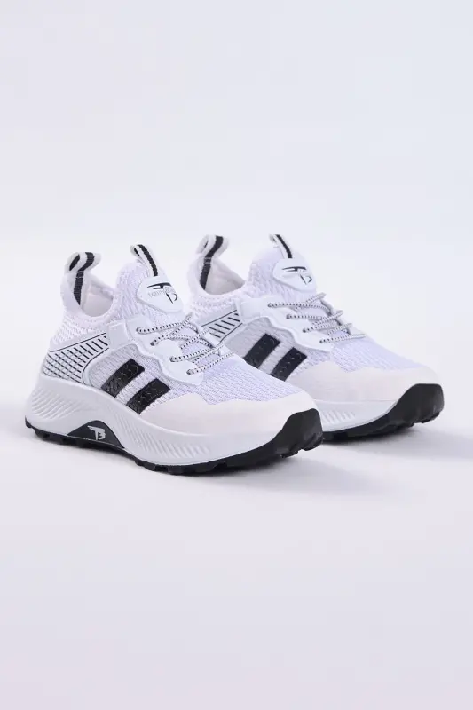 Çocuk Unisex Beyaz Siyah Rahat Kalıp Nefes Alabilen Kumaş Bağcıklı Sneaker - Beyaz Siyah - 2