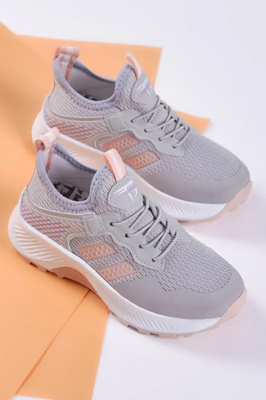 Çocuk Unisex Buz Pudra Rahat Kalıp Nefes Alabilen Kumaş Bağcıklı Sneaker - Buz Pudra - 3