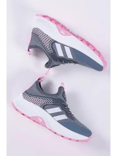 Gri Çocuk Unisex Füme Pembe Rahat Kalıp Nefes Alabilen Kumaş Bağcıklı Sneaker-Gri - 1