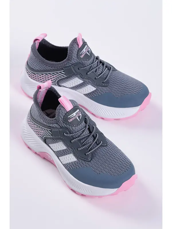Gri Çocuk Unisex Füme Pembe Rahat Kalıp Nefes Alabilen Kumaş Bağcıklı Sneaker-Gri - 2