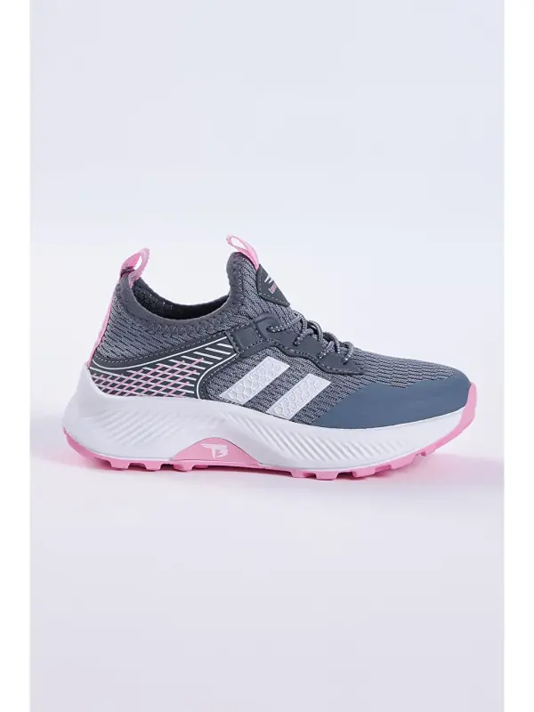Gri Çocuk Unisex Füme Pembe Rahat Kalıp Nefes Alabilen Kumaş Bağcıklı Sneaker-Gri - 3