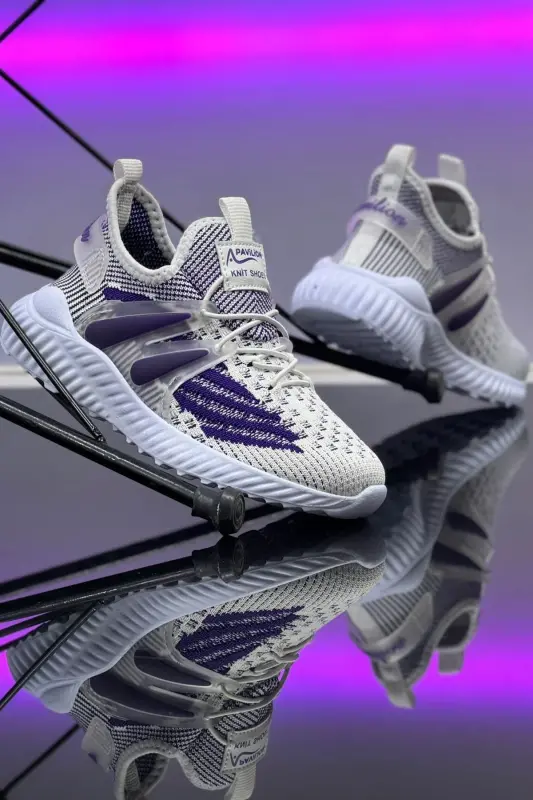 Çocuk Unisex Günlük Beyaz Mor Lastikli Rahat Nefes Alan Triko Esnek Hafif Şık Sneaker Spor Ayakkabı - Beyaz-Mor-Mor - 1