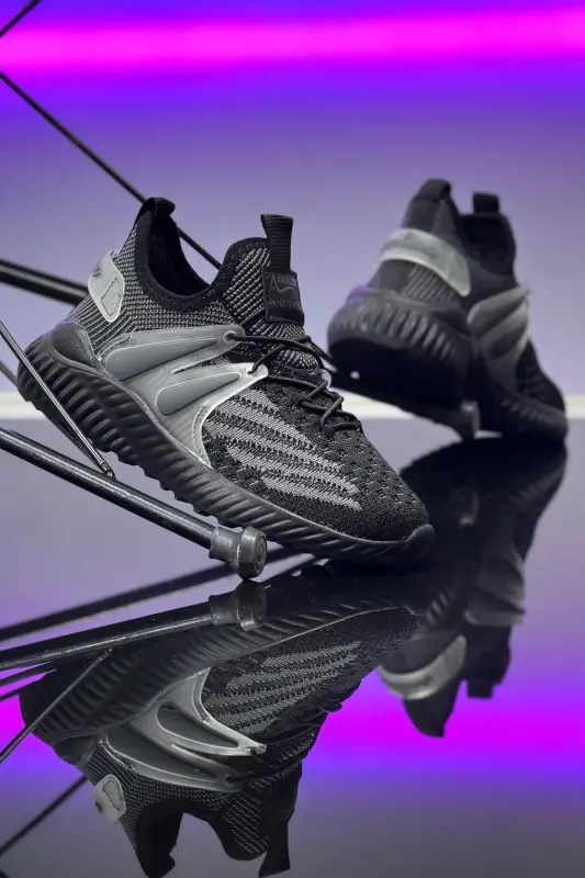 Çocuk Unisex Günlük Siyah Füme Lastikli Rahat Nefes Alan Triko Esnek Hafif Şık Sneaker Spor Ayakkabı-Siyah - BOUIS