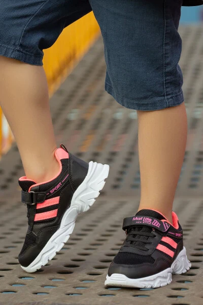 Çocuk Unisex Siyah Fuşya 2 Band Cırtcırtlı Esnek Hafif Nefes Alabilen File Sneaker Spor Ayakkabı-Siyah - 3