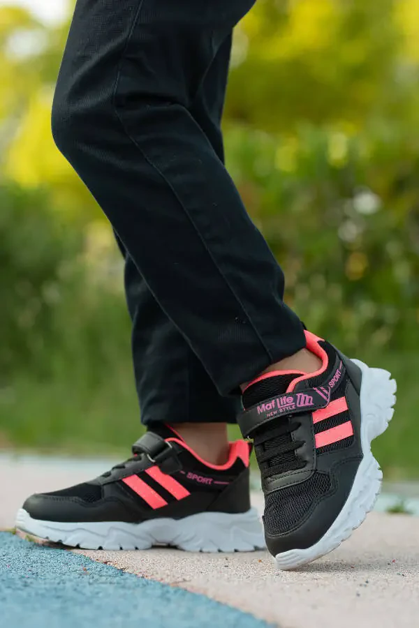 Çocuk Unisex Siyah Fuşya 2 Band Cırtcırtlı Esnek Hafif Nefes Alabilen File Sneaker Spor Ayakkabı-Siyah - 4
