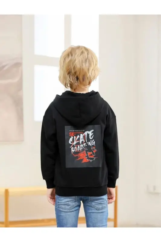 Çocuk Unisex Siyah Skate Boarding Baskılı Fermuarlı Hırka - siyah3 - 1
