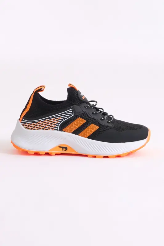 Çocuk Unisex Siyah Oranj Rahat Kalıp Nefes Alabilen Kumaş Bağcıklı Sneaker - Siyah Oranj - 2
