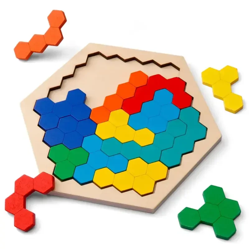 Coogam Wooden Hexagon Puzzle for Kid Adults,Shape Pattern Block Tangram Brain Teaser Toy Geometry Logic IQ Game STEM Montessori Educational for Ages 3 4 5 - 7