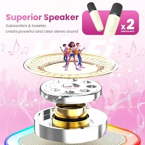 Mini Karaoke Machine for Kids Adults, Kids Toys Karaoke Microphone Singing Speaker, Karaoke Player with 2 Wireless Mic Party, Birthday Gifts for Girls Ages 4, 5, 6, 7, 8, 9, 10, 12+ Years Old(Beige) - 1