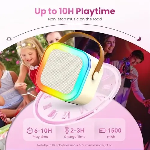 Mini Karaoke Machine for Kids Adults, Kids Toys Karaoke Microphone Singing Speaker, Karaoke Player with 2 Wireless Mic Party, Birthday Gifts for Girls Ages 4, 5, 6, 7, 8, 9, 10, 12+ Years Old(Beige) - 3