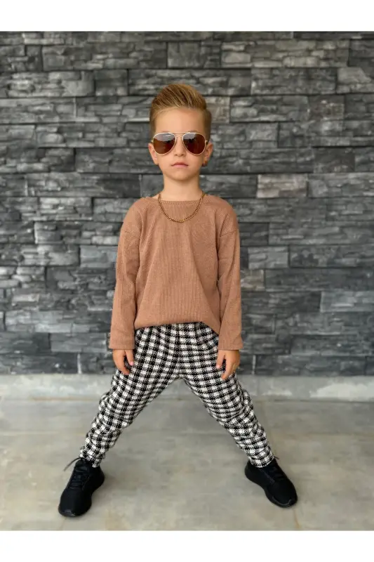 Çocuk yazlık bohem şalvar Takım - kahve-siyah - BARIN KIDS