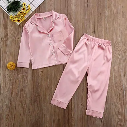 Kids Toddler Baby Girl Boy Satin Pajamas Set Short Sleeve Button Down Pajama Shirt Top+Shorts Bottoms Sleepwear Outfits - 2
