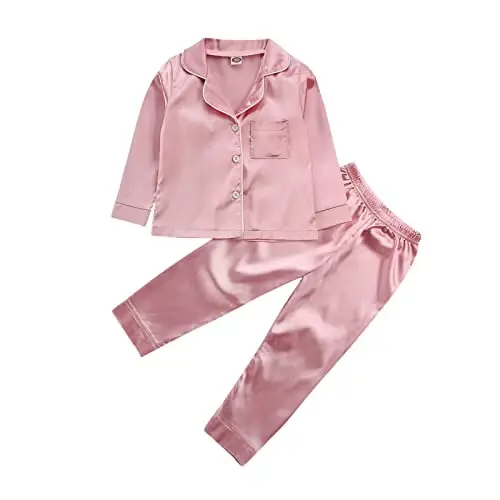 Kids Toddler Baby Girl Boy Satin Pajamas Set Short Sleeve Button Down Pajama Shirt Top+Shorts Bottoms Sleepwear Outfits 