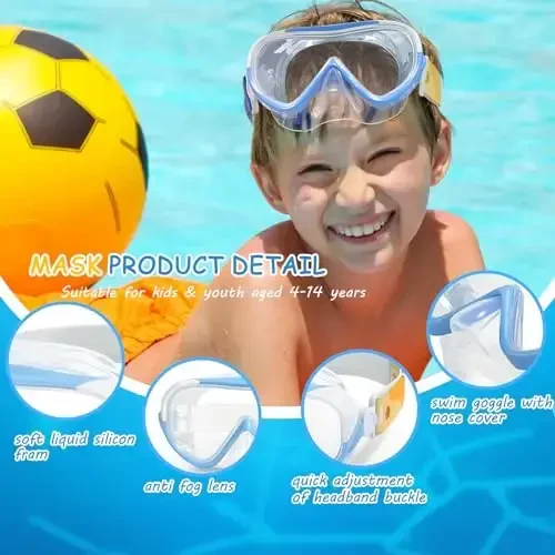 Kids Swim Mask - Ultimate 180° Kids Swim Goggles Anti-Fog Child Diving Mask Leak-Proof Kids Goggles with Nose Cover and Fabric Strap for Ages 4-14 for Swimming, Snorkeling Diving - 4