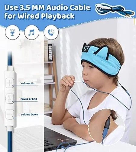 KIDSBAND Kids Headphones Bluetooth Headband Adjustable, Wireless Sleep Headphones for Kids with Wired Playback 3.5 MM Jack for Teens/Boys/Girls/Smartphones/School/Kindle/Airplane Travel/Plane/Tablet - 6