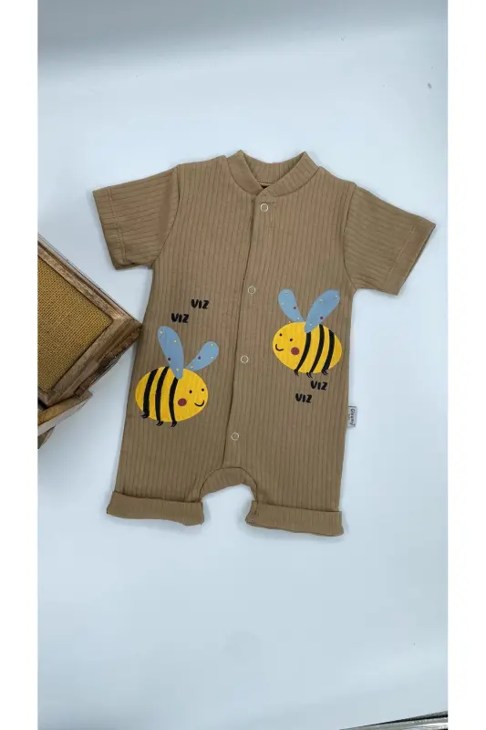 KIDS BEBE ARI DESEN ÇITÇITLI KISA KOLLU ŞORT TULUM(ZIBIN) %100 PAMUK - Kahverengi - 4