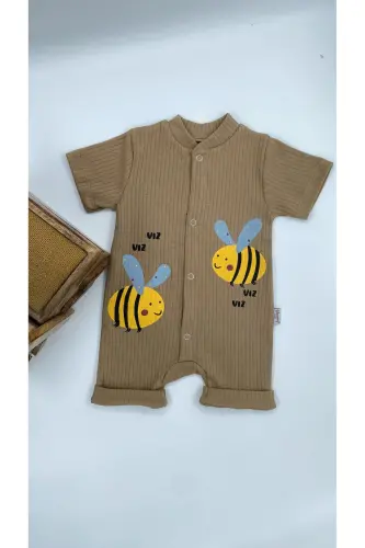 KIDS BEBE ARI DESEN ÇITÇITLI KISA KOLLU ŞORT TULUM(ZIBIN) %100 PAMUK - Kahverengi - 6