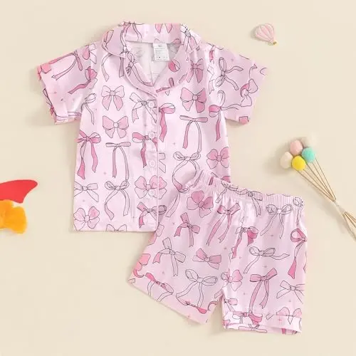 Fsadfeas Kids Toddler Girls Pajamas Baby Short Sleeve Lapel Button Down Tops + Shorts Satin Silk Sleepwear Summer Loungewear - 2